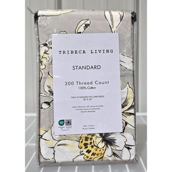 Tribeca Living Gold & Gray Floral Print Standard 2 Pillowcase Set 20" x 30" - Picture 2 of 5